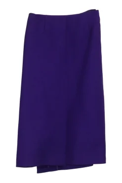 Violet beaded wool tricotine pull-on wrap-front A-line midi slit skirt