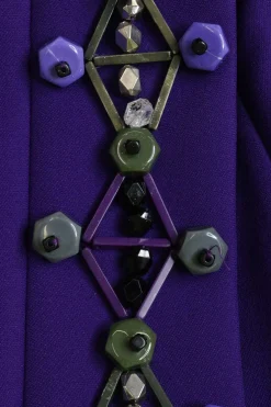 Violet beaded wool tricotine pull-on wrap-front A-line midi slit skirt