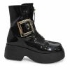 Viv' clog black patent leather ankle boot with zipper tongue and signature metal buckled side
