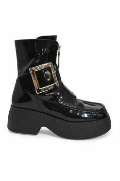 Viv' clog black patent leather ankle boot with zipper tongue and signature metal buckled side