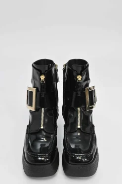 Viv' clog black patent leather ankle boot with zipper tongue and signature metal buckled side