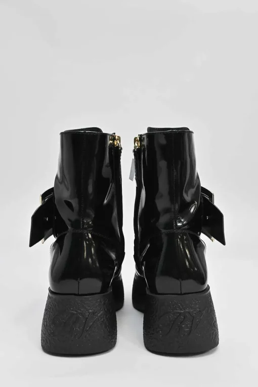 Viv' clog black patent leather ankle boot with zipper tongue and signature metal buckled side