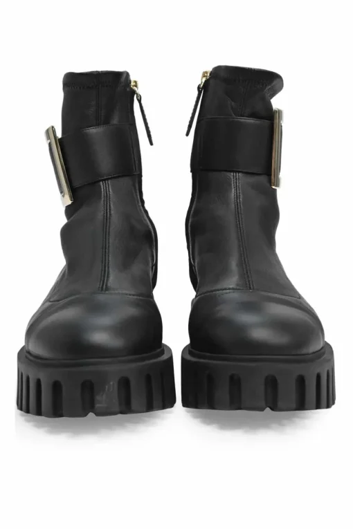 Viv' go-thick black leather platform ankle boots with oversized buckles