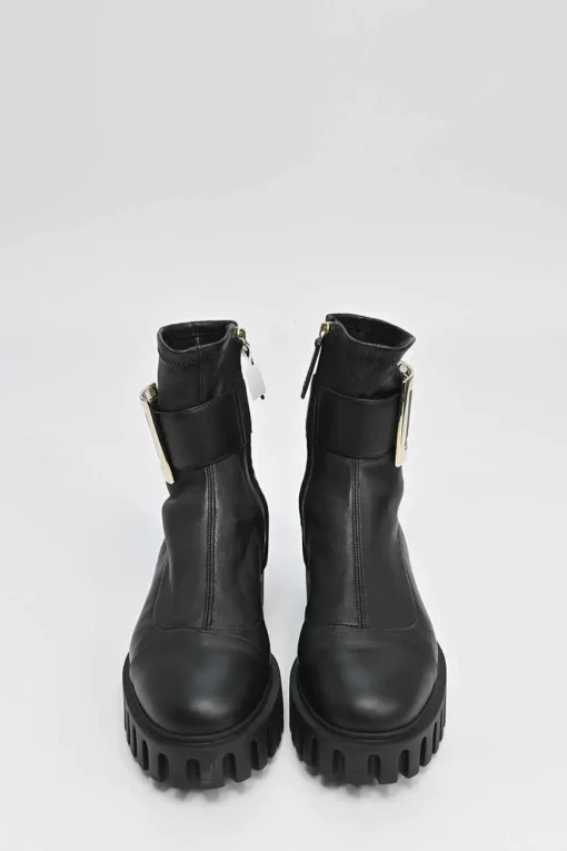 Viv' go-thick black leather platform ankle boots with oversized buckles
