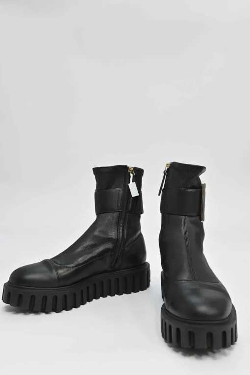 Viv' go-thick black leather platform ankle boots with oversized buckles