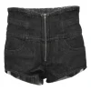 Washed black cotton denim empire-waist culotte shorts with exposed zip fly