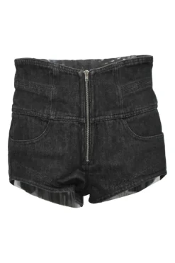 Washed black cotton denim empire-waist culotte shorts with exposed zip fly