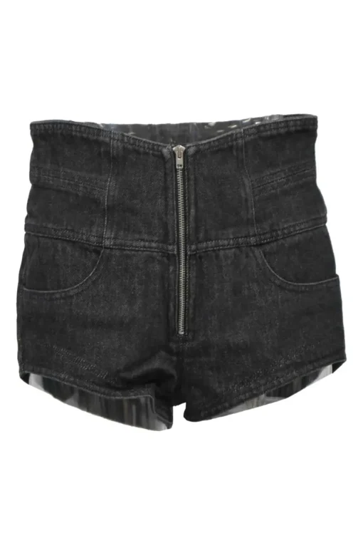 Washed black cotton denim empire-waist culotte shorts with exposed zip fly