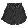 Washed black cotton denim paperbag waist pull-on shorts with frill-trimmed hems