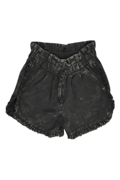 Washed black cotton denim paperbag waist pull-on shorts with frill-trimmed hems