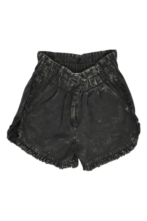 Washed black cotton denim paperbag waist pull-on shorts with frill-trimmed hems