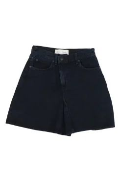 Washed black cotton denim pull-on high-rise five-pocket mini skirt