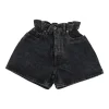 Washed black cotton denim pull-on high-rise paperbag waist shorts