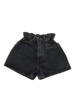 Washed black cotton denim pull-on high-rise paperbag waist shorts