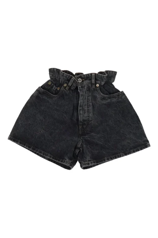 Washed black cotton denim pull-on high-rise paperbag waist shorts
