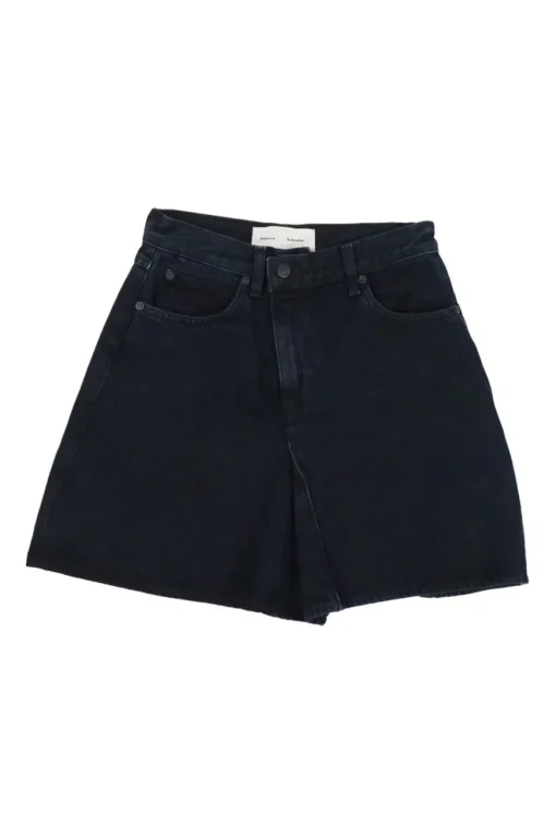 Washed black cotton denim pull-on high-rise five-pocket mini skirt