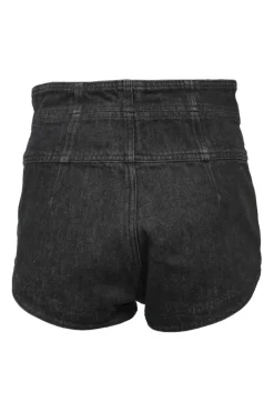 Washed black cotton denim empire-waist culotte shorts with exposed zip fly