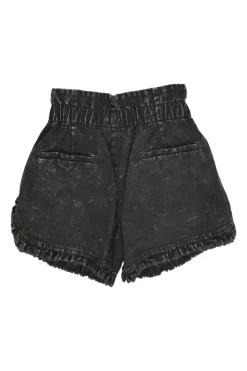 Washed black cotton denim paperbag waist pull-on shorts with frill-trimmed hems