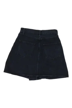 Washed black cotton denim pull-on high-rise five-pocket mini skirt