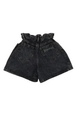Washed black cotton denim pull-on high-rise paperbag waist shorts