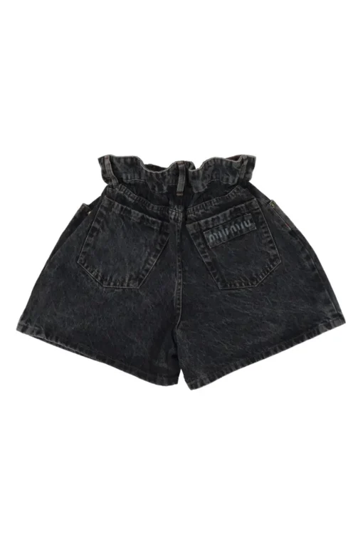 Washed black cotton denim pull-on high-rise paperbag waist shorts