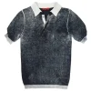 Washed black cotton polo top with contrasting collar, cuffs, and hem