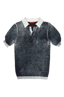 Washed black cotton polo top with contrasting collar, cuffs, and hem