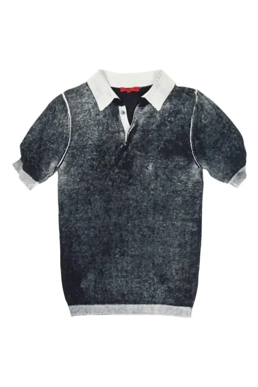 Washed black cotton polo top with contrasting collar, cuffs, and hem
