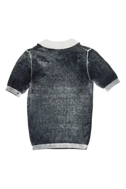 Washed black cotton polo top with contrasting collar, cuffs, and hem