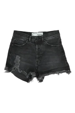 Washed black raw edge cotton denim high-rise shorts with whiskering details