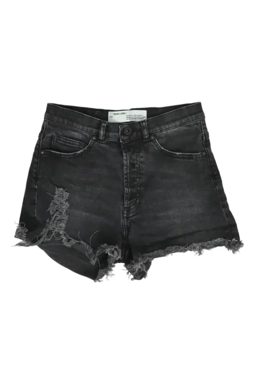 Washed black raw edge cotton denim high-rise shorts with whiskering details