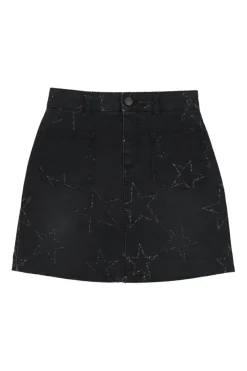 Washed black raw edge cotton-blend denim mini skirt featuring metallic star motif