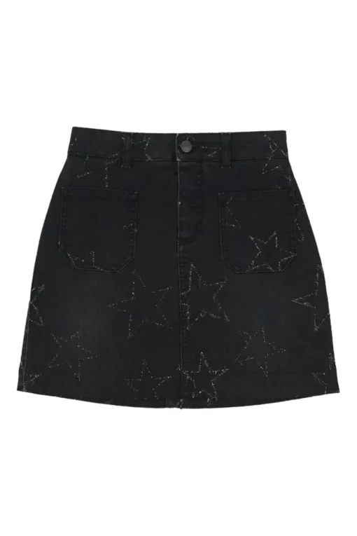Washed black raw edge cotton-blend denim mini skirt featuring metallic star motif
