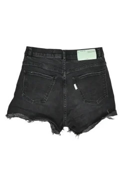 Washed black raw edge cotton denim high-rise shorts with whiskering details
