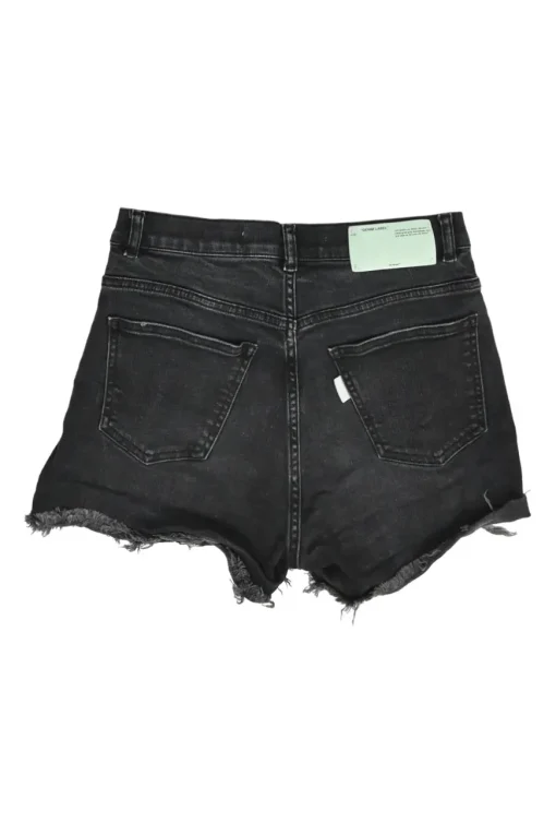 Washed black raw edge cotton denim high-rise shorts with whiskering details