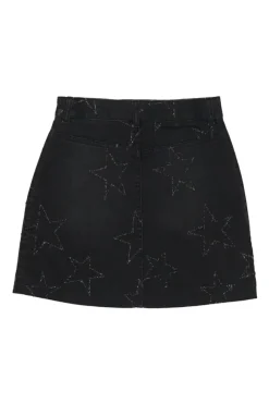 Washed black raw edge cotton-blend denim mini skirt featuring metallic star motif