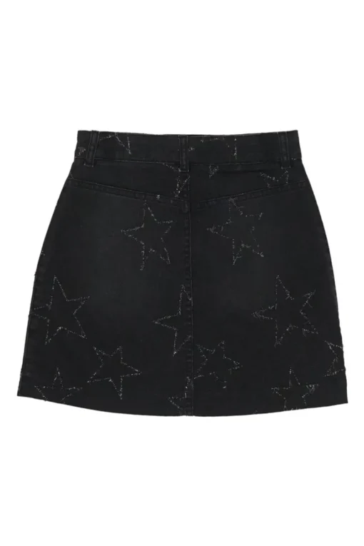 Washed black raw edge cotton-blend denim mini skirt featuring metallic star motif
