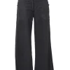 Washed black raw-edge cotton denim high-rise wide-leg jeans with hip adjusters
