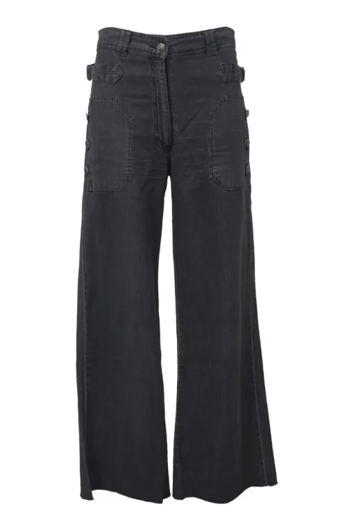 Washed black raw-edge cotton denim high-rise wide-leg jeans with hip adjusters