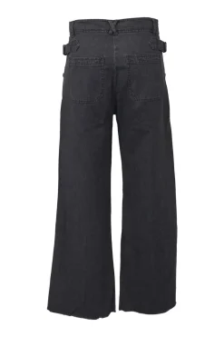 Washed black raw-edge cotton denim high-rise wide-leg jeans with hip adjusters