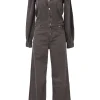 Washed brown cotton denim spread collar half-button slip-on straight-leg coverall jumpsuit