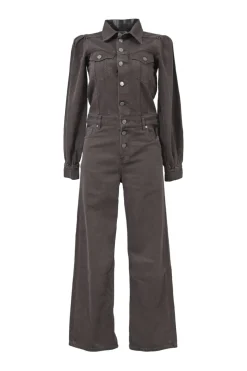 Washed brown cotton denim spread collar half-button slip-on straight-leg coverall jumpsuit