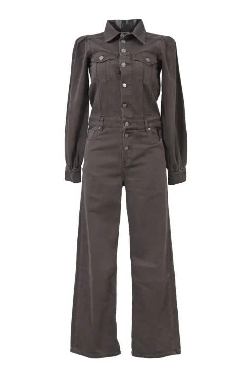 Washed brown cotton denim spread collar half-button slip-on straight-leg coverall jumpsuit