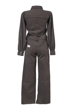 Washed brown cotton denim spread collar half-button slip-on straight-leg coverall jumpsuit