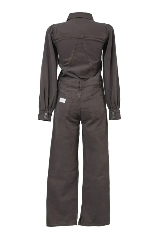Washed brown cotton denim spread collar half-button slip-on straight-leg coverall jumpsuit