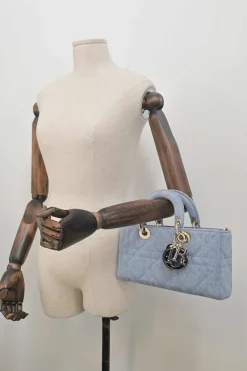 Washed cotton quilted Cannage denim Lady D-Joy bag with two detachable shoulder straps
