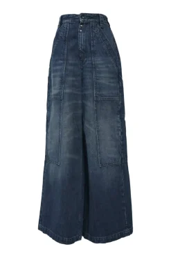 Washed dark indigo paneled cotton denim high-rise wide-leg jeans
