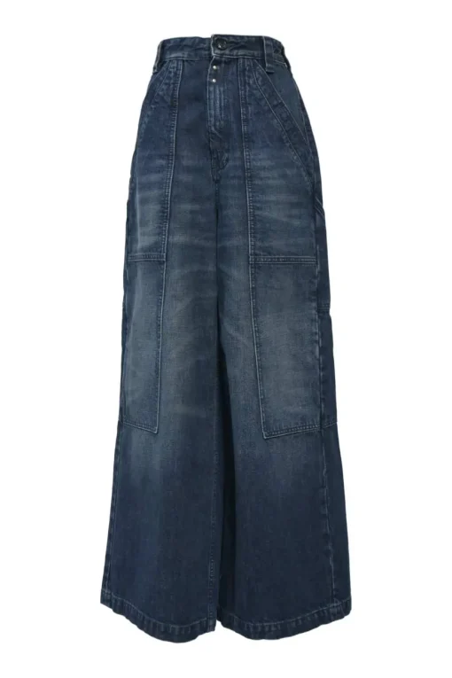 Washed dark indigo paneled cotton denim high-rise wide-leg jeans