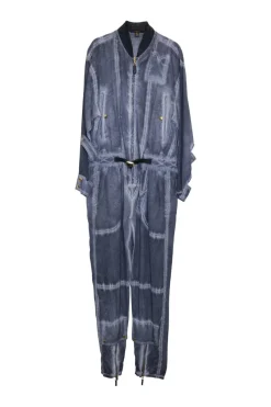 Washed dark indigo silk garment dyed zip up slouchy cargo jumpsuit