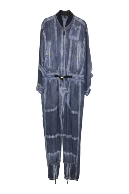 Washed dark indigo silk garment dyed zip up slouchy cargo jumpsuit